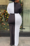 Black And White Fashion Patchwork Slit O Neck Long Sleeve Two Pieces