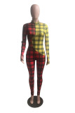Red Casual Plaid V Neck Skinny Jumpsuits