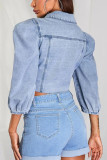 Light Blue Street Solid Turndown Collar Half Sleeve Denim