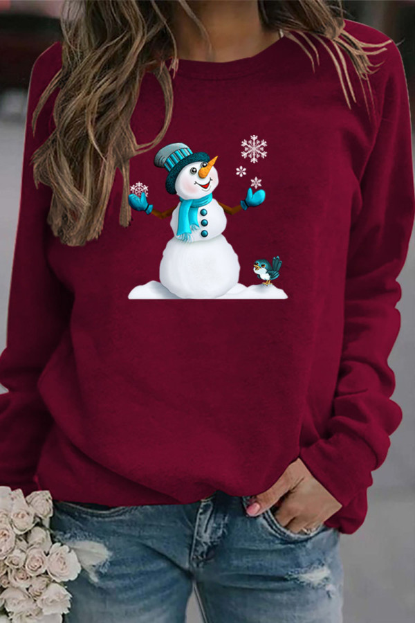 Wine Red Casual Snowman Printed Draw String O Neck Tops