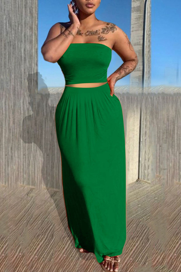 Green Casual Solid Patchwork Strapless Sleeveless Two Pieces
