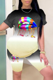 Blue Fashion Casual Gradual Change Lips Printed Basic O Neck Short Sleeve Two Pieces