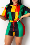 Multicolor Fashion Casual Print Basic Hooded Collar Short Sleeve Two Pieces