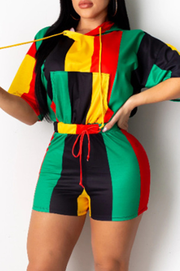 Multicolor Fashion Casual Print Basic Hooded Collar Short Sleeve Two Pieces