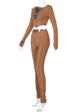 Brown Street Patchwork Hollowed Out See-through O Neck Long Sleeve Two Pieces