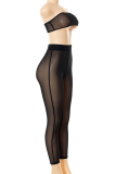 Black Sexy Solid Mesh Strapless Sleeveless Two Pieces