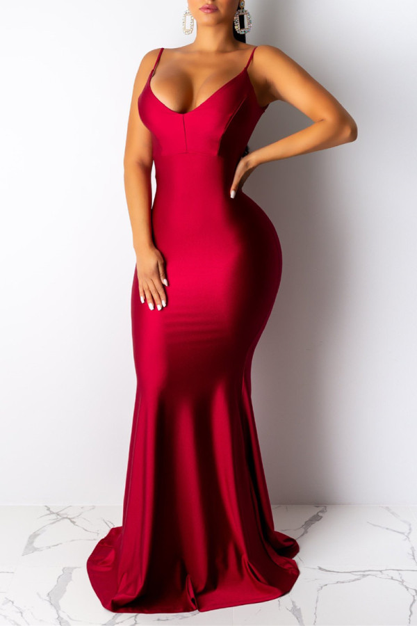Red Fashion Sexy Solid Backless Spaghetti Strap Evening Dress