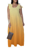 Yellow Fashion Bohemian Gradual Change Print Bandage Spaghetti Strap Swagger Dresses