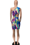 Multicolor Sexy Print Hollowed Out Backless One Shoulder Sleeveless Dress