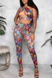 Multi-color Sexy Print Hollowed Out Patchwork Halter Sleeveless Two Pieces