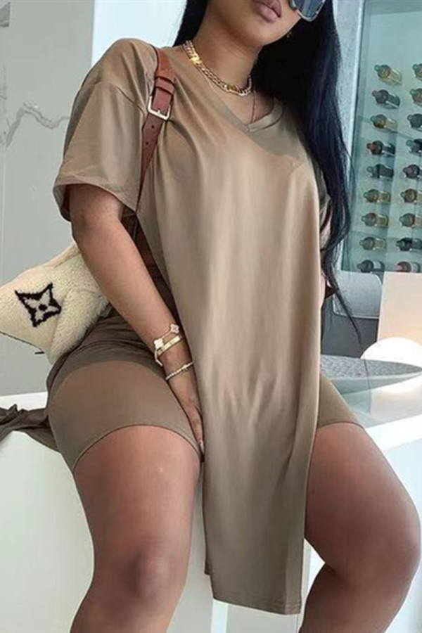 Khaki Fashion Casual Solid Slit V Neck Short Sleeve Two Pieces