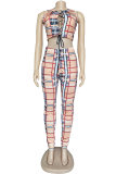 Brown Sexy Plaid Patchwork O Neck Sleeveless Two Pieces