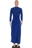 Blue Casual Solid High Opening O Neck Straight Dresses