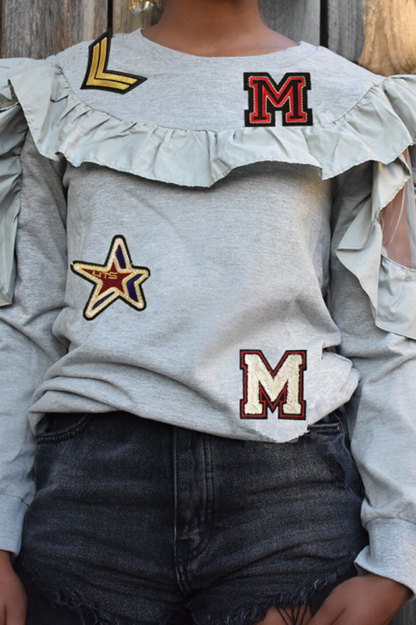 Grey Casual Print Hollowed Out Letter O Neck Tops