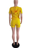 Yellow Casual Solid Split Joint Cardigan Zipper Hooded Collar Short Sleeve Two Pieces