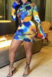 Deep Blue Sexy Patchwork Tie-dye Half A Turtleneck Pencil Skirt Dresses