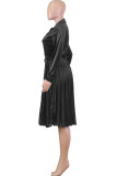 Black Sexy Cap Sleeve Long Sleeves O neck Pleated Knee-Length Solid Draped