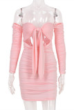 Pink Fashion Sexy Solid Hollowed Out Fold Bateau Neck Long Sleeve Dresses