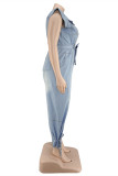 Baby Blue Fashion Casual Solid With Belt O Neck Plus Size Jumpsuits