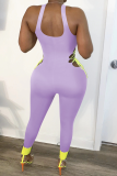 Purple Sexy Patchwork Hollowed Out Square Collar Skinny Jumpsuits