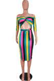 Multicolor Sexy Print Hollowed Out Off the Shoulder Pencil Skirt Dresses