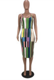 Multicolor Fashion Sexy Patchwork Print Backless O Neck Sling Dress