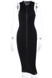 Black Sexy Solid Slit Zipper Collar Pencil Skirt Dresses