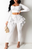 White Casual Solid Patchwork Flounce O Neck Long Sleeve Two Pieces