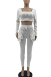 White Casual Solid Patchwork Flounce O Neck Long Sleeve Two Pieces