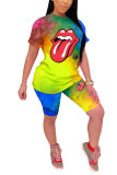 multicolor Fashion adult Europe and America Patchwork Print Two Piece Suits Lips Print pencil Short Sleeve Two Pieces