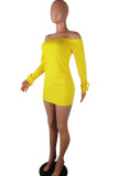 Yellow Sexy Off The Shoulder Long Sleeves One word collar Step Skirt Mini Patchwork Solid Dresses