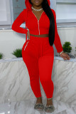 Red Fashion Casual Solid Zipper Hooded Collar Long Sleeve Two Pieces