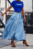 Blue Casual Print Letter O Neck Tops