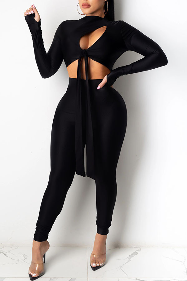 Black Sexy Blends Solid Pierced Hollowed Out Frenulum Half A Turtleneck Long Sleeve Regular Sleeve Short Two Pieces