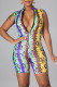 Yellow Fashion Casual Print Basic Zipper Collar Skinny Romper