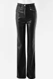 Black Casual Solid Patchwork Straight No(Nonelastic) Mid Waist Straight Bottoms