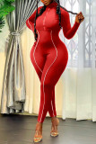 Red Fashion Casual Solid Basic O Neck Long Sleeve Two Pieces
