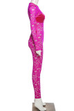 Rose Red Sexy Patchwork Hollowed Out O Neck Skinny Jumpsuits