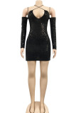 Orange Sexy Solid Sequins Split Joint Spaghetti Strap Pencil Skirt Dresses