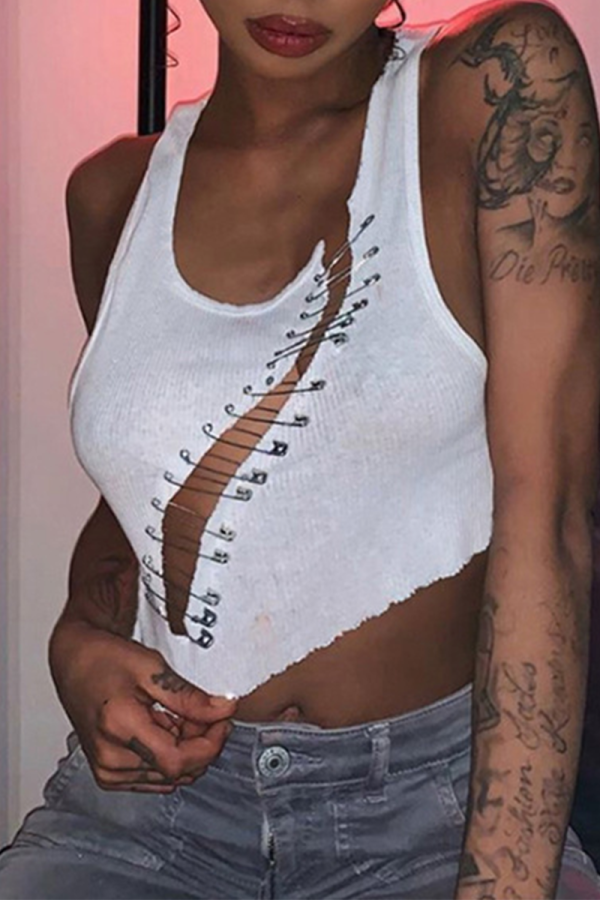White Street Solid Hollowed Out Patchwork U Neck Tops