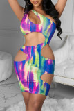 Multicolor Sexy Print Hollowed Out Backless One Shoulder Sleeveless Dress