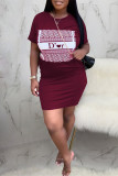 Pink Fashion Sexy Regular Sleeve Short Sleeve O Neck Short Sleeve Dress Knee Length Print Dresses