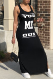 Black Fashion Casual Letter Print Slit U Neck Vest Dress