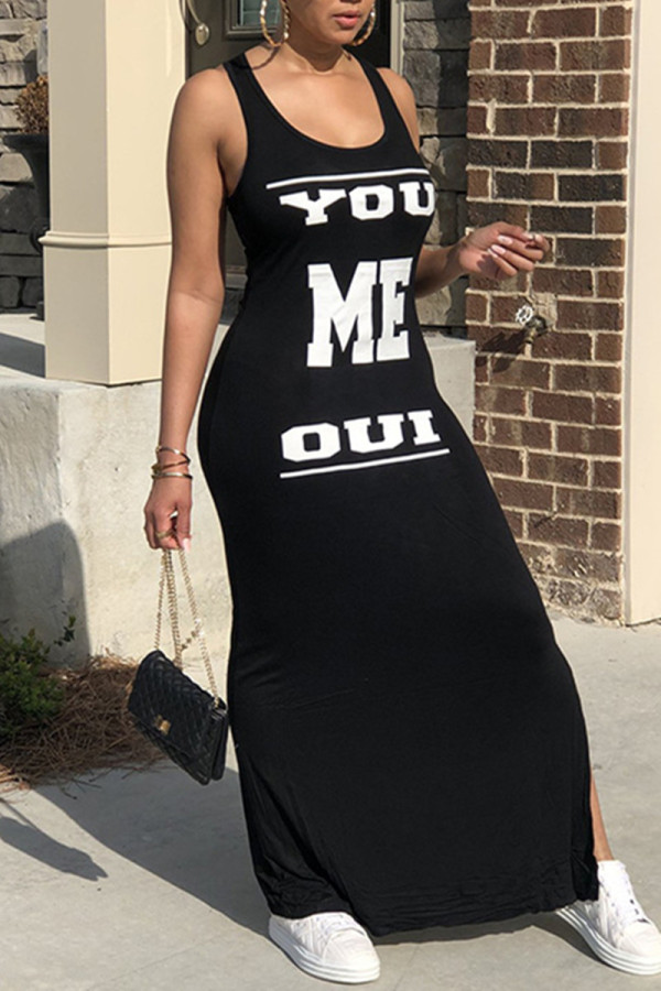 Black Fashion Casual Letter Print Slit U Neck Vest Dress