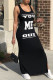 Black Fashion Casual Letter Print Slit U Neck Vest Dress