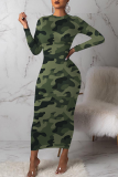 Camouflage Casual Camouflage Print Split Joint O Neck One-piece Suits Dresses