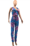 Blue Fashion Casual Butterfly Print Fold Hooded Collar Sleeveless Two Pieces