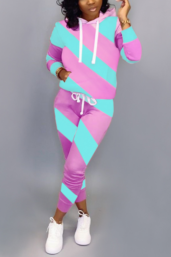 Pink Casual Striped Split Joint Hooded Collar Long Sleeve Two Pieces