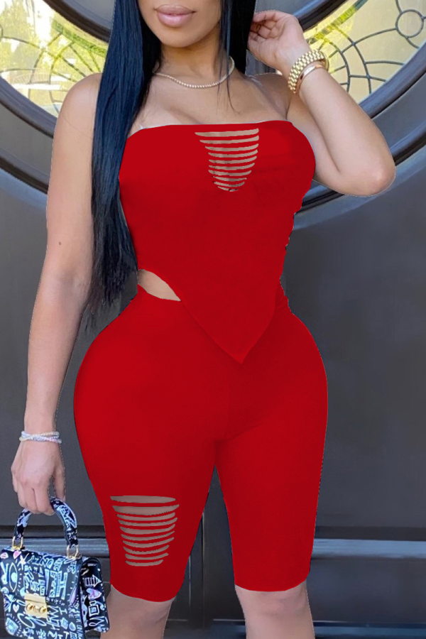Red Casual Solid Ripped Strapless Sleeveless Two Pieces