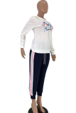 White Casual Print Letter O Neck Long Sleeve Two Pieces